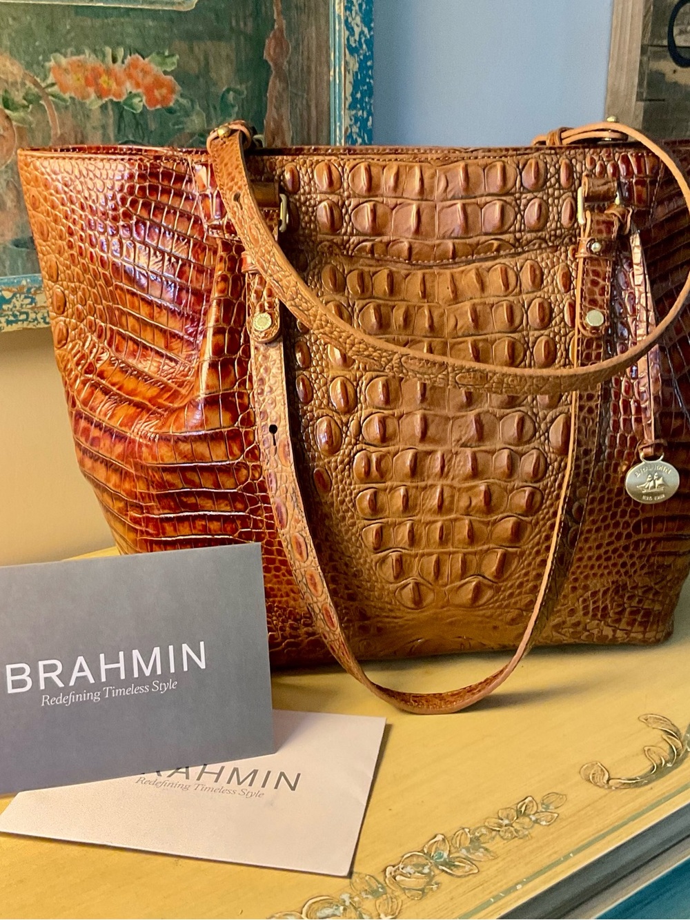 Brahmin Tan/ brown Croc-Embossed Leather Tote